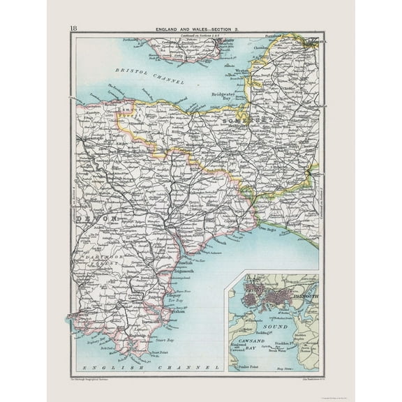 Historic Map - South West England - Bartholomew 1892 - 23 x 29.92 - Vintage Wall Art