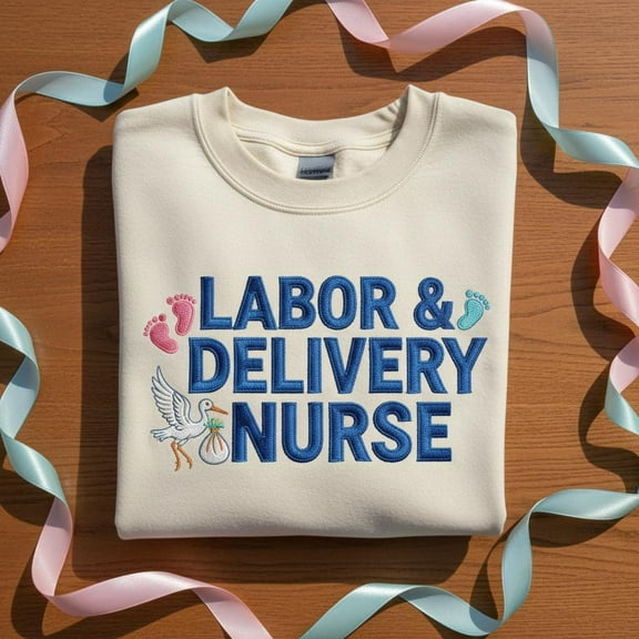 Embroidered Labor and Delivery Nurse Sweatshirt, Cute L&D Footprints and Stork Crewneck, Medical Graduation Gift