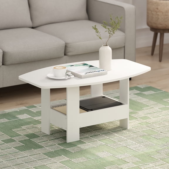 Furinno SIMPLE Coffee Table with Lower Shelf, 2-Tier Modern Coffee Table, Roundecorner Side Table, for Living Room, Bedroom, Home Office, Plain White