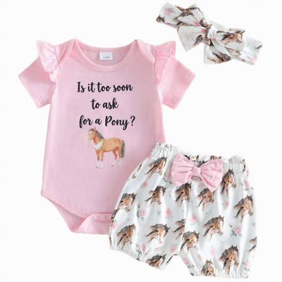 Xyant Newborn Baby Girl Western Outfits Cowgirl Summer Clothes Ruffle Short Sleeve Letter Romper Boots Horse Shorts Headband Set (Pink,0-3 Months)