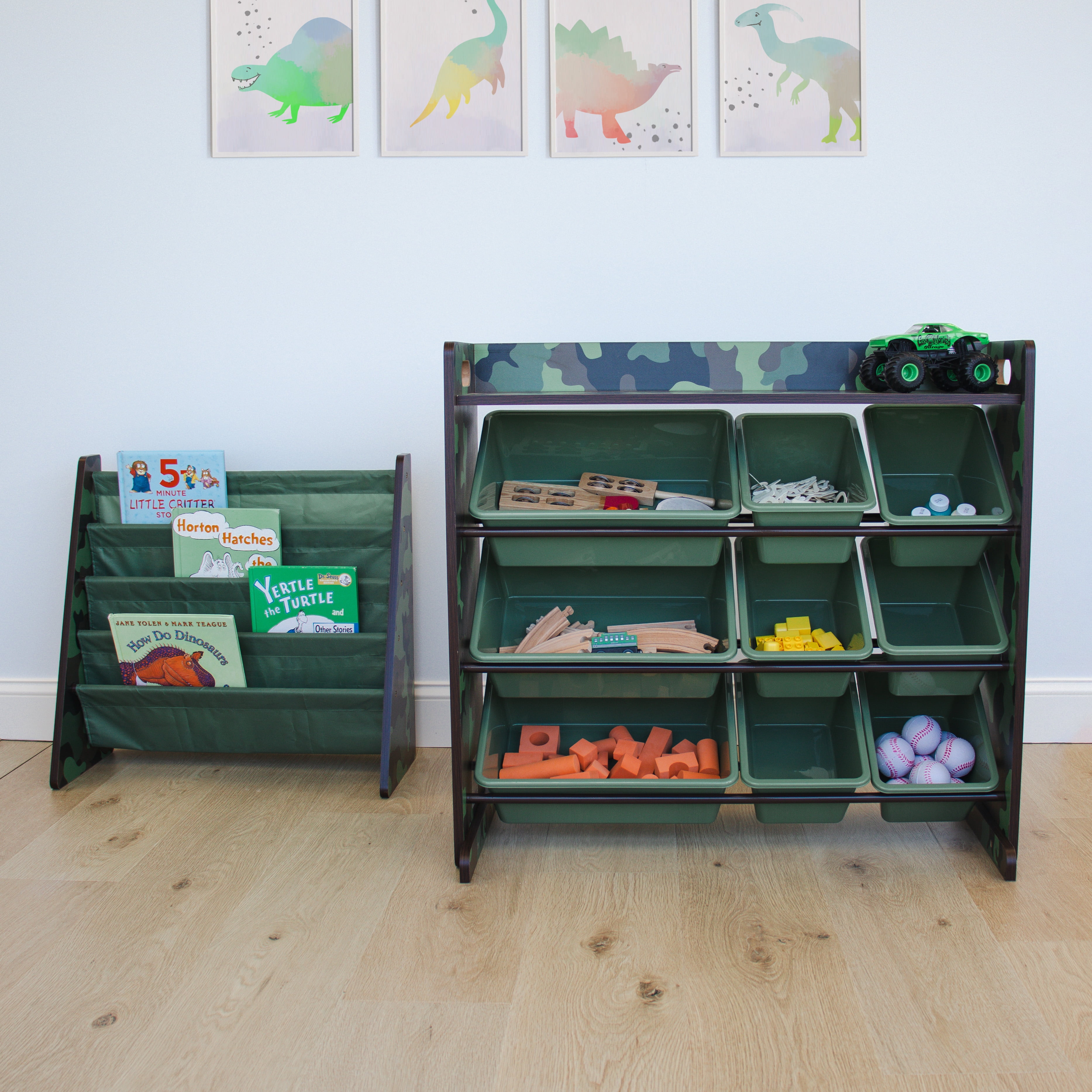 Humble Crew Kids Toy Storage Organizer with Shelf and 9 Plastic Storage Bins, Army Green Camo