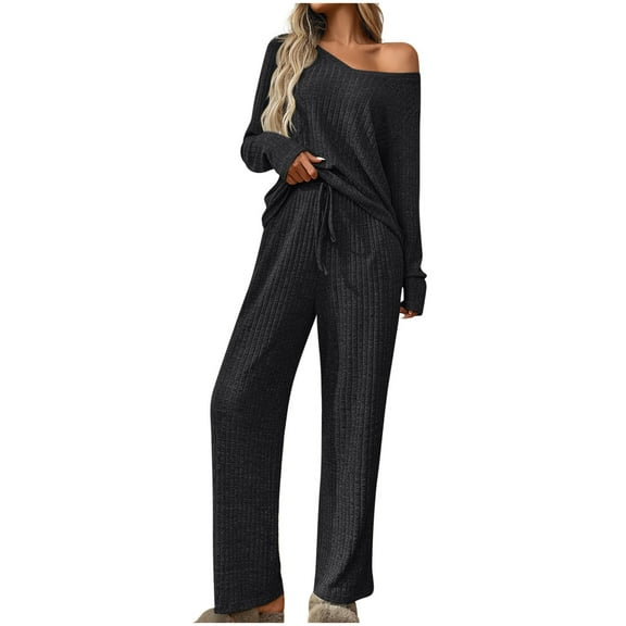 Long Sleeve Loungewear Sets for Women Knit Comfy Two Piece Cozy Soft Matching Sets Ribbed Pajama Suit New Casual 2 Piece Outfits for Women Black L