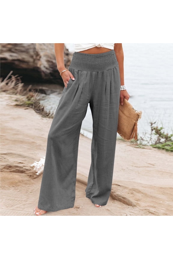 Palazzo Pants for Women Cotton Linen Pants Ruched Waist Solid Color Slim Fit Wide Leg Full Length Trouser ,S-3XL