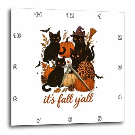 3drose, It Is Fall. Four Black Cats, Pumpkins. Funny Halloween Artsy Gift, 10x10 Wall Clock