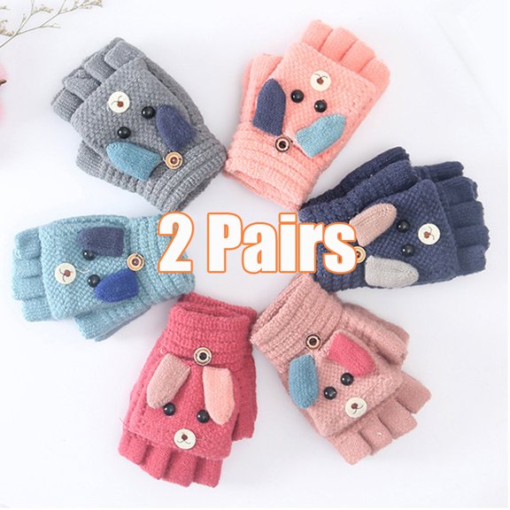 Travelwant 2 Pairs Kids Fingerless Mittens Convertible Flip Top Gloves Soft Knitted Gloves Winter Warm Boys Girls Cartoon Dog Flip Top Knit Half Finger Gloves