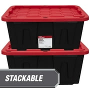 (Pack of 4) Hyper Tough 27 Gallon Large Storage Bin with Snap Lid, Black and Red, Heavy Duty Plastic Storage Container
