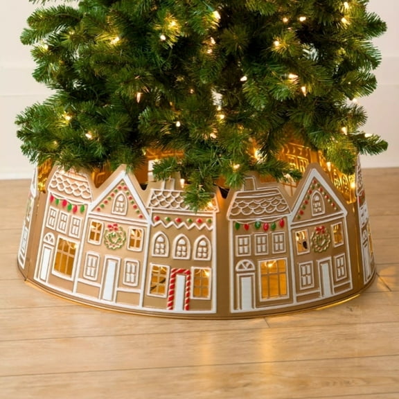 Feledorashia LED Lights Christmas Tree Collar, PVC Christmas Tree Skirt, 60CM/23.6IN, Set of 5 Panels Christmas House Design, Easy to Assemble and Store, Battery-Operated (Batteries Not Included)