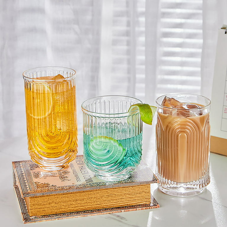 Kitchen Lux Ribbed Drinking Glasses - Ribbed Glass Cups 15 oz - Ribbed Glassware - Textured Vintage Retro Ripple Aesthetic Glass Ware for Whiskey