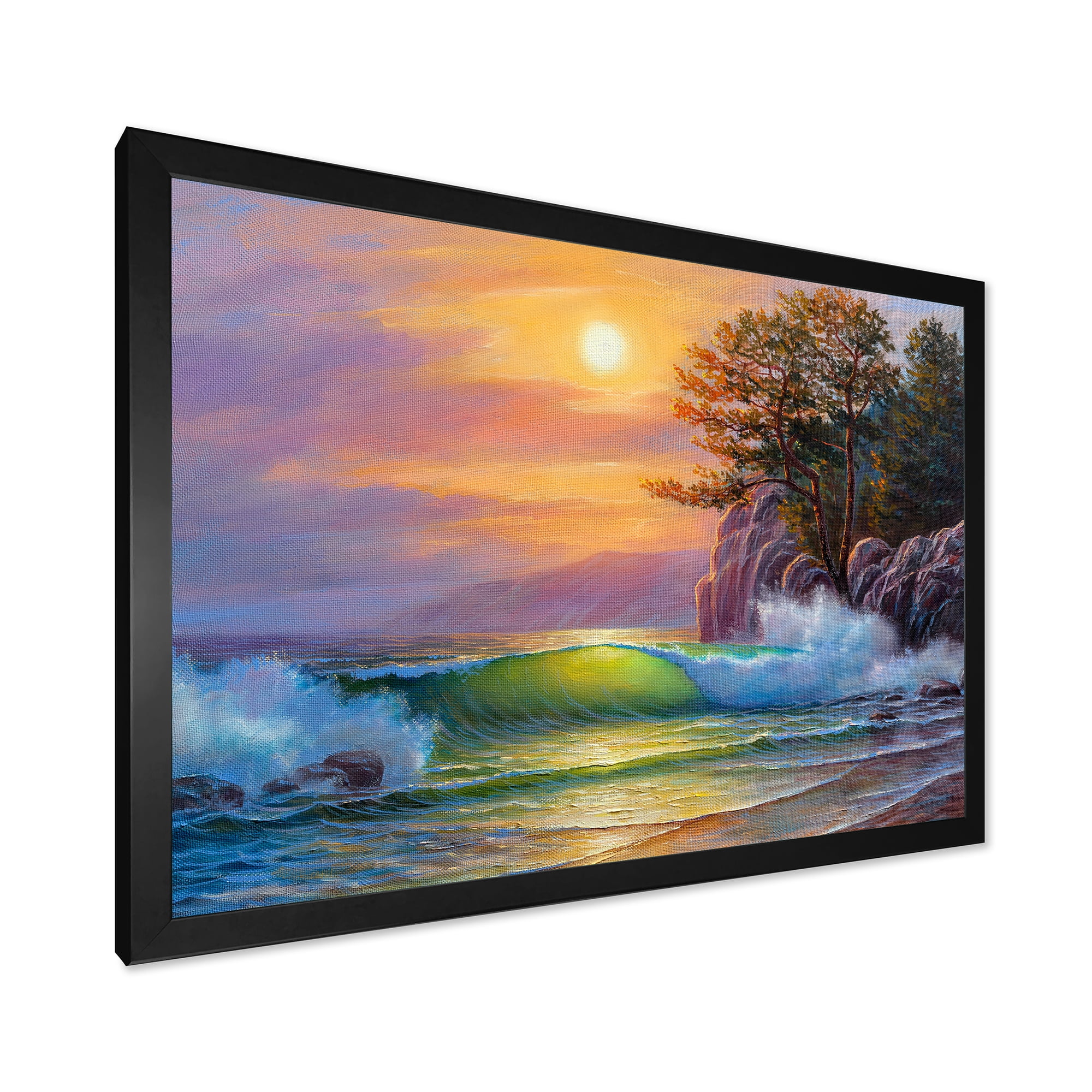 Designart 'Sunrise On Sea Waves By The Pine Trees' Nautical & Coastal Framed Art Print