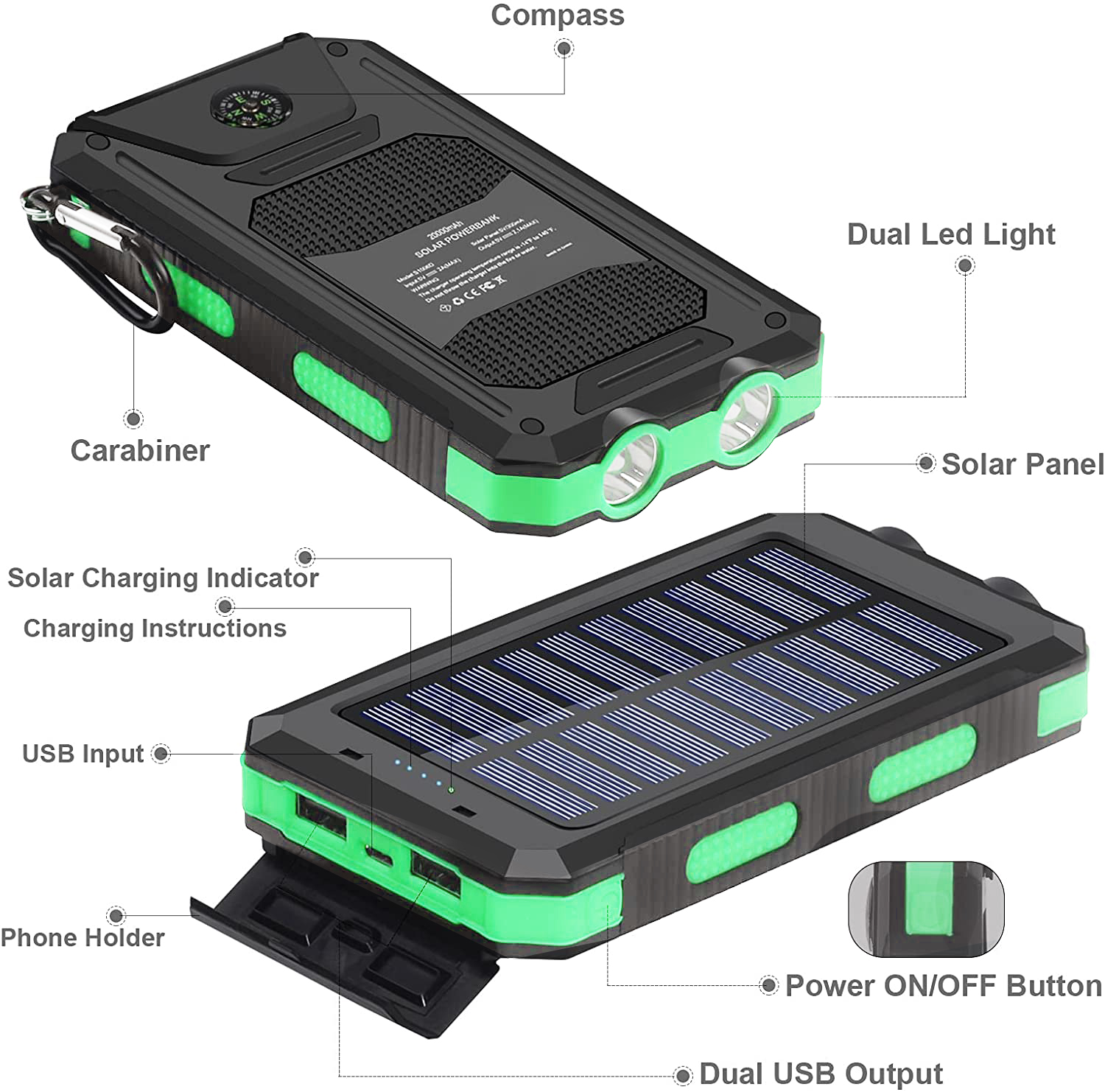 20000mAh Solar Charger for Cell Phone iphone, Portable Solar Power Bank with Dual 5V USB Ports, 2 Led Light Flashlight, Compass Battery Pack for Outdoor Camping Hiking(Green) - image 7 of 7