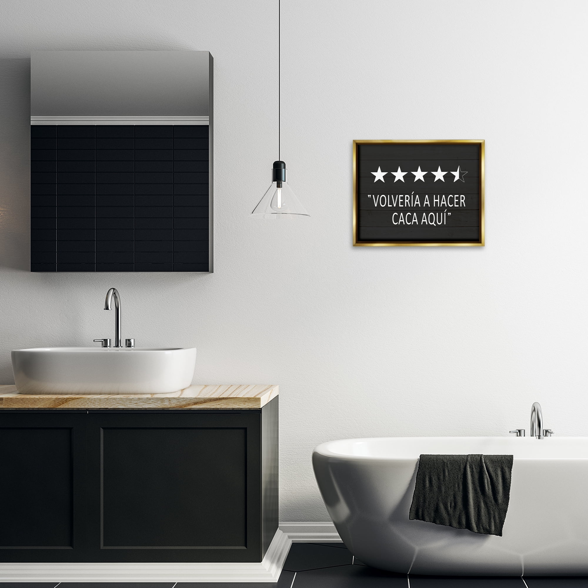 Stupell Industries Baño Cinco Estrellas Bath & Laundry Painting Gold Floater Framed Art Print Wall Art, 21 x 17
