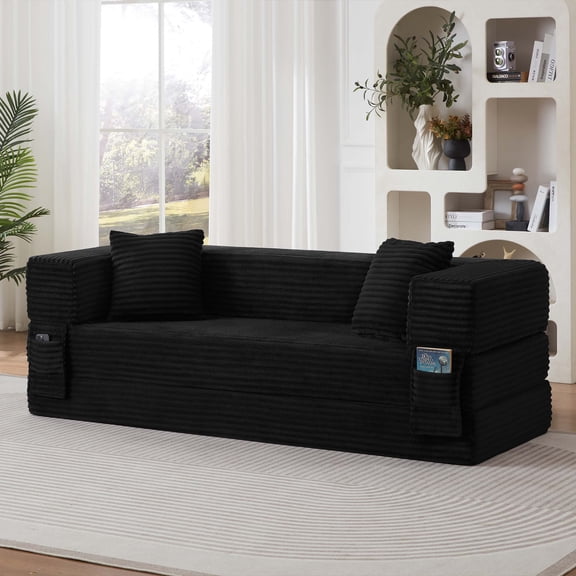 Modern 3-Seat Convertible Cord Sofa Sleeper, Black | Classic Square Design with Two-Tier Base | Foam Futon that Converts to Bed for Apartment & Living Room