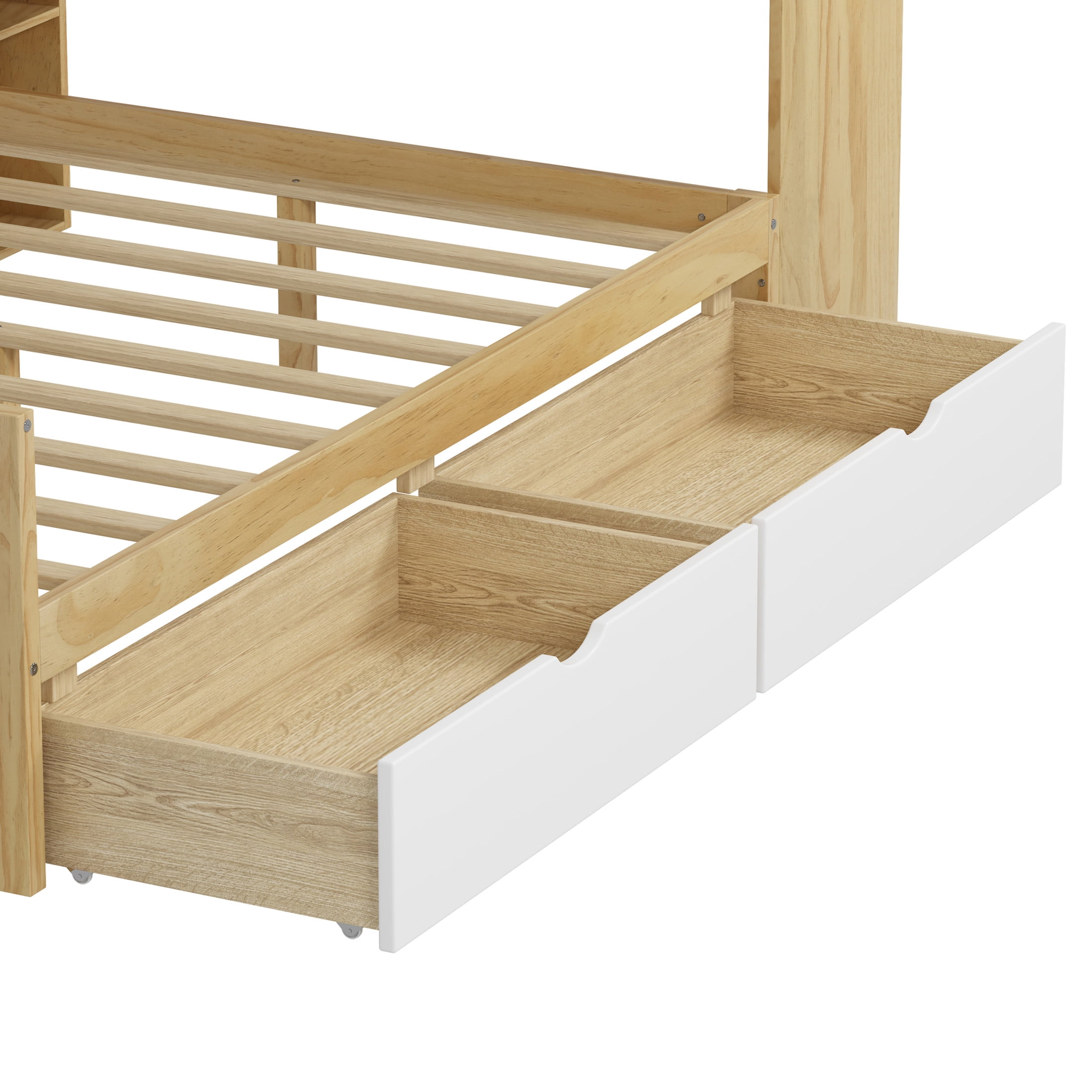 Noble House L-Shaped Twin Daybed with Storage Shelves, Desk and 2 Drawers, Natural + White