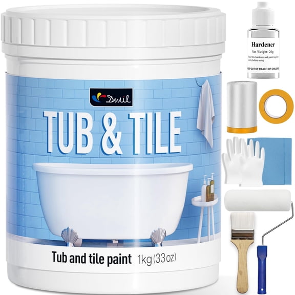 DWIL Tub and Tile Refinishing Kit, 33oz Quick-Dry Tile Paint for Wall & Floor, Sink Bathtub Paint for Bathroom, Kitchen, Toilets, Water Based, Semi-Gloss White, 50-55sq.ft