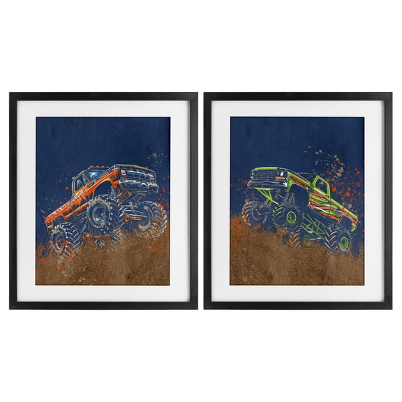 Monster Truck Jam 2 Piece Black Framed Print Under Glass Set, design by Kim Allen