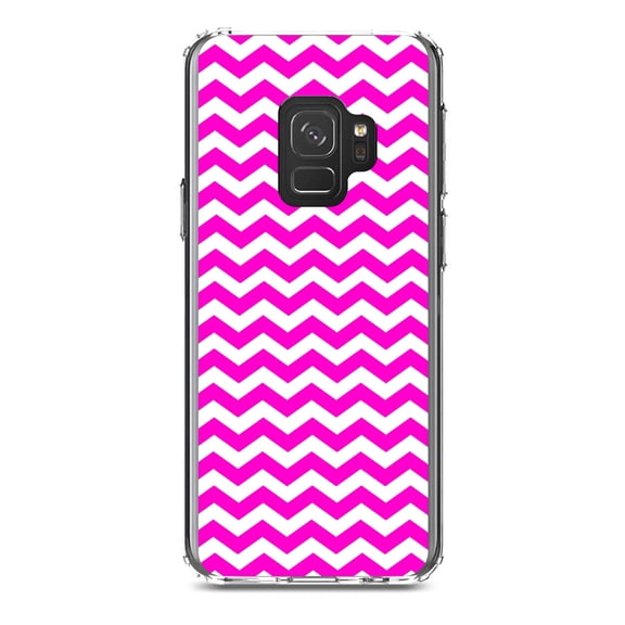 DistinctInk Clear Shockproof Hybrid Case for Samsung Galaxy S9 (5.8" Screen) - TPU Bumper, Acrylic Back, Tempered Glass Screen Protector - Hot Pink White Stripes Wave - Stripes Pattern