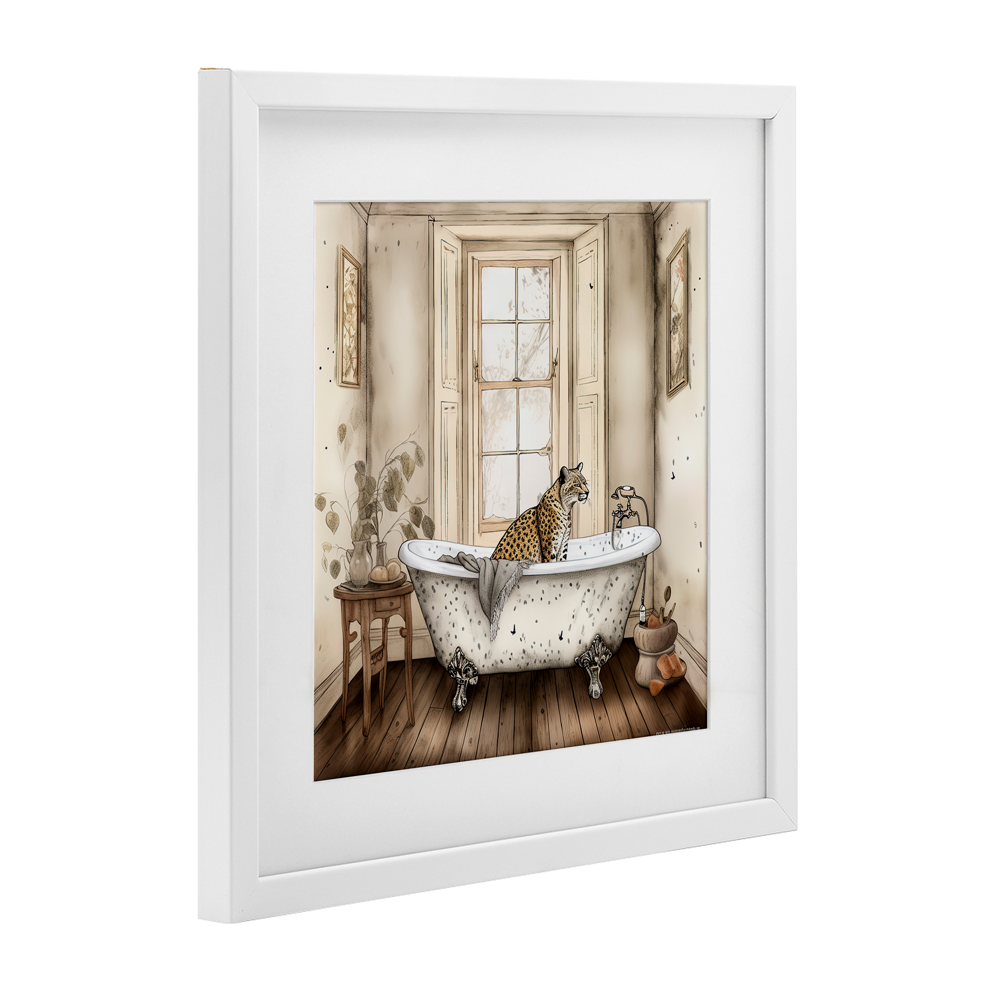 Neutral Leopard Bathtime White Framed Print Under Glass, design by Sasha