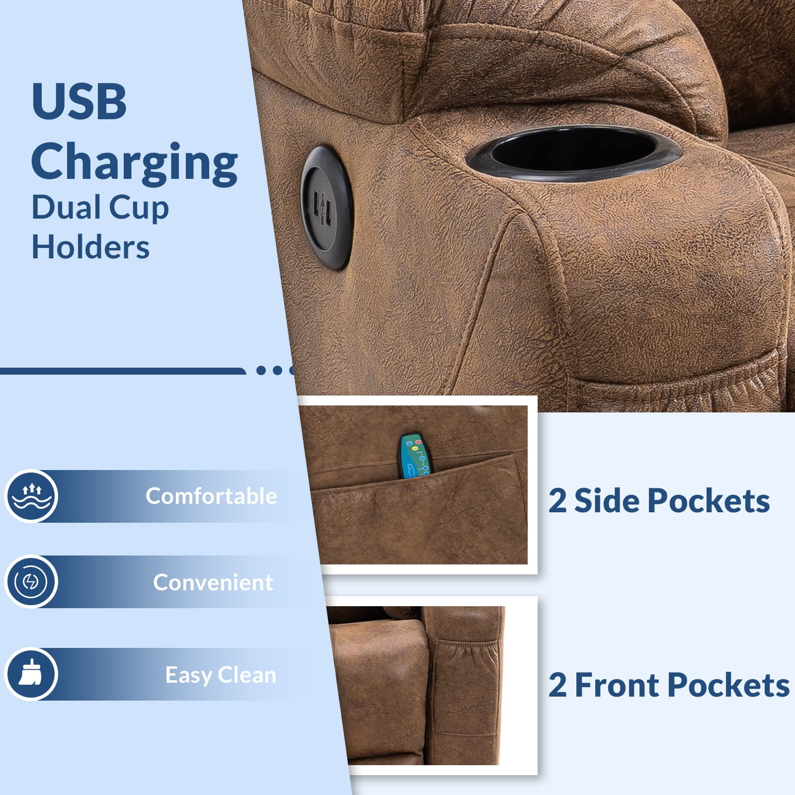 SOCIALCOMFY Manual Swivel Glider Rocker Recliner Chair with Heated Massage Ergonomic Lounge 360 Degree Swivel Sofa Seat with 2 Cup Holders, Side Pockets & USB Ports for Living Room, Brown