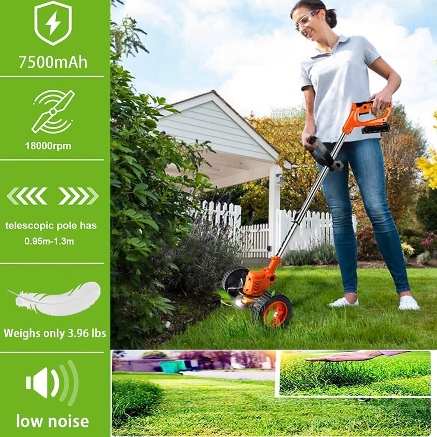 Cordless Weed Wacker 21V, 3-in-1 Grass Trimmer/Edger/Brush Cutter with 2Pcs 7500mAh Batteries, Lightweight Electric String Trimmer for Lawn, Yard, Garden, 90° Adjustable Head & Safety Lock