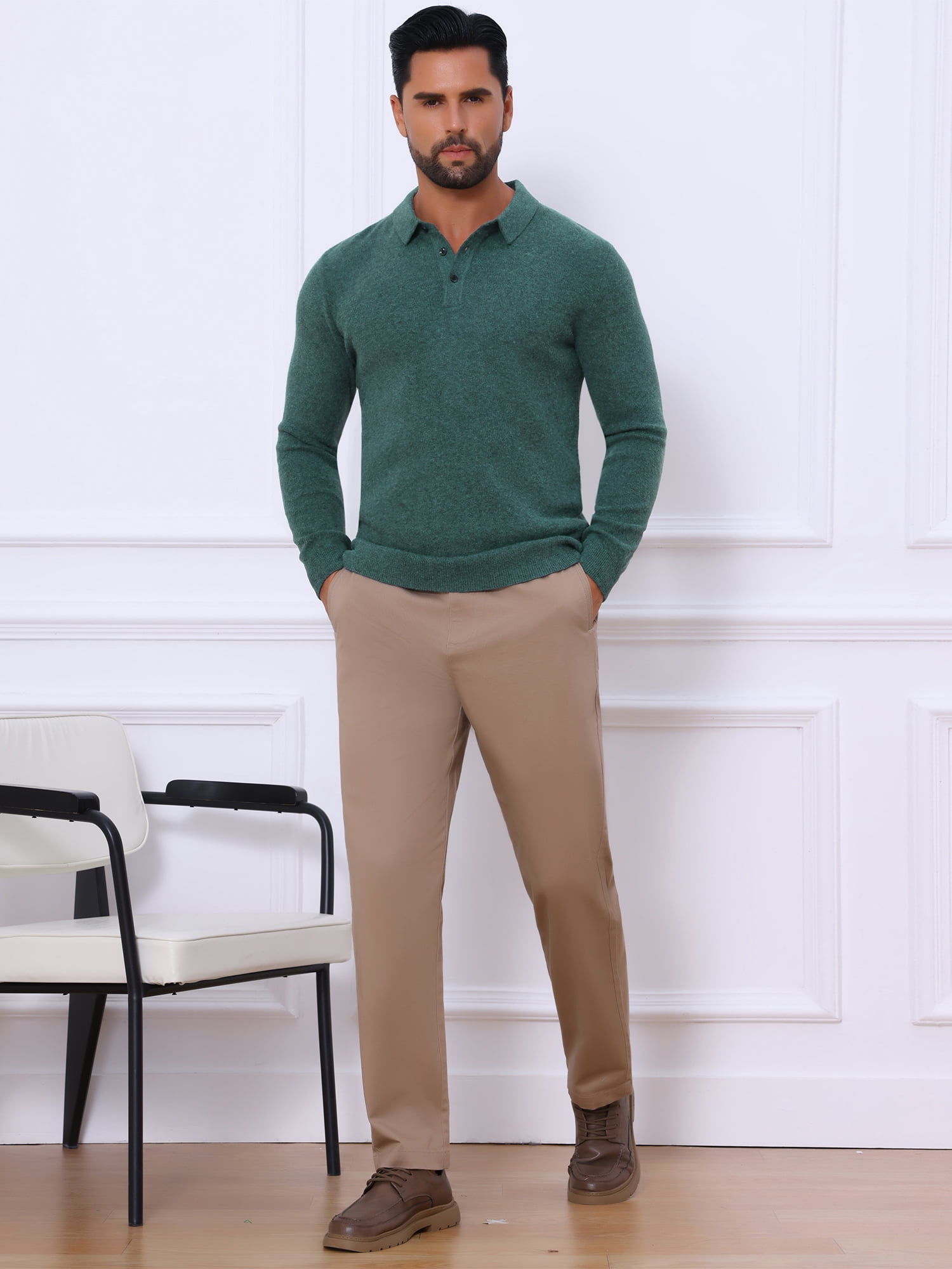 DARING DIVA Men's Long Sleeve Pullover Business Knitted Polo Shirt S Dark Green