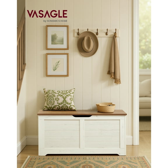 Farmhouse Storage Bench with Safety Hinges, 39.4 Inch Storage Chest for Entryway Living Room, Rustic White and Brown