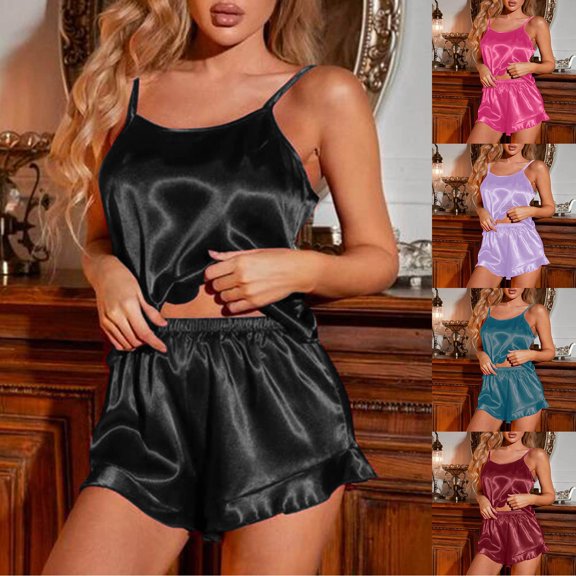 SAZBJOJN Women's Satin Pajama Set Silky Backless Open Design Tank Top and Loose Shorts Sleepwear Soft Loungewear Nightwear 2 Piece Pajamas for Women Set for Bedroom Daily Wear Red Size L