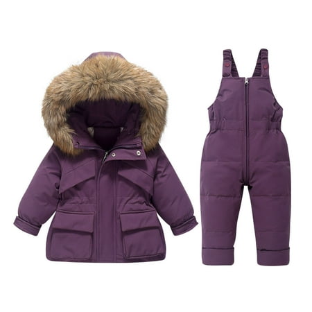 Snowsuits for Toddlers Kids 2 Piece Windproof Water Resistant Snow Suits Faux Fur Trim Hood Puffer Girl Boy Ski Set (3-4 Years Purple #A)
