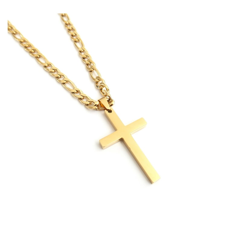 18K FIGARO Gold Cross for Men Women Boys Fathers Husband Wife Perfect gift with 5mm cuban link chain 18ct small cross