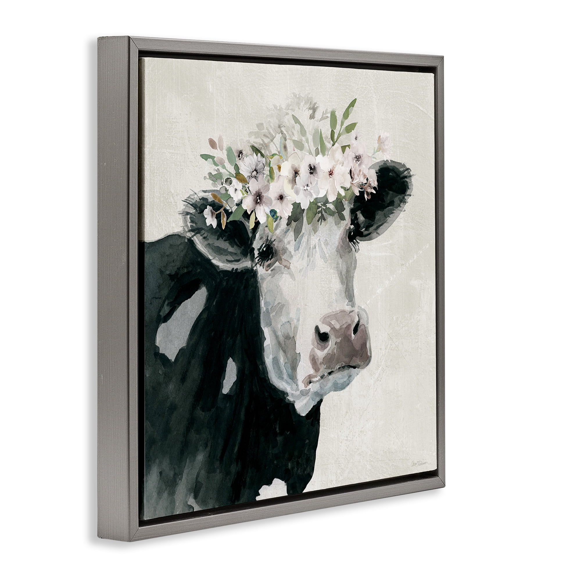 Stupell Industries Gazing Cow with Florals Animals & Insects Painting Gray Floater Framed Canvas Art Print Wall Art, 25 x 25