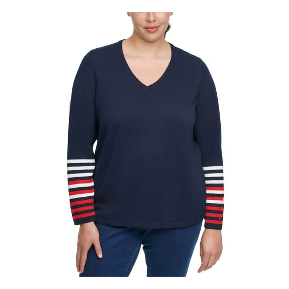 TOMMY HILFIGER Womens Navy V Neck Sweater Plus 0X