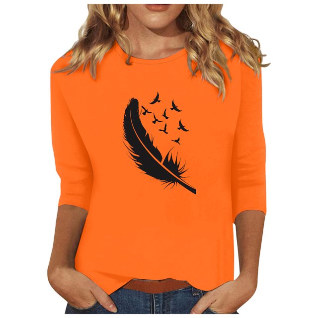 Dadaria T-Shirt Orange pour Femmes Manches 3/4 Col Rond Grande Taille Été Chandail Blouses TG