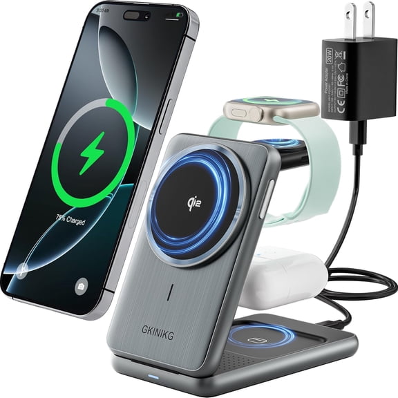 3 in 1 Charging Station, Compatible with MagSafe Charger, Qi2 Certified 15W Foldable & Travel Magnetic Wireless Charger for iPhone 17/16/15/14/13/12, Apple Watch,AirPods (20W Adapter)
