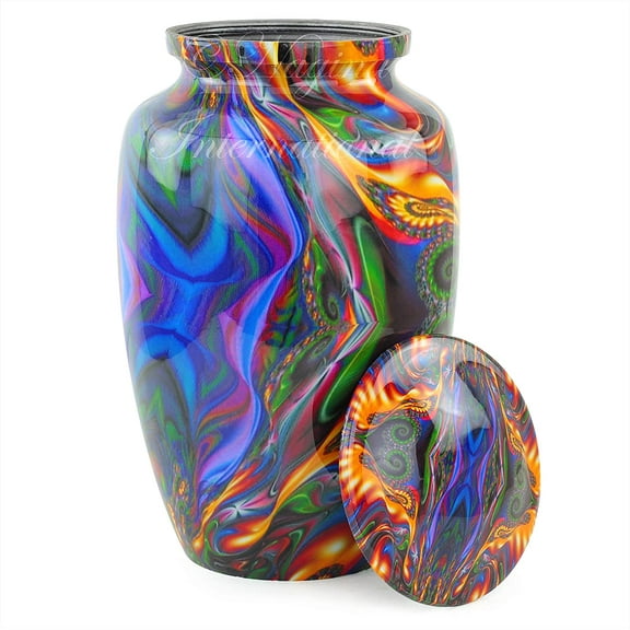 10" Aluminum Metal Cremation Urn for Cremated Human Ash Remains Storage | Beautiful Artwork Engraved Funeral Pot & Cremation Jar (Dreamy Rainbow Mix)