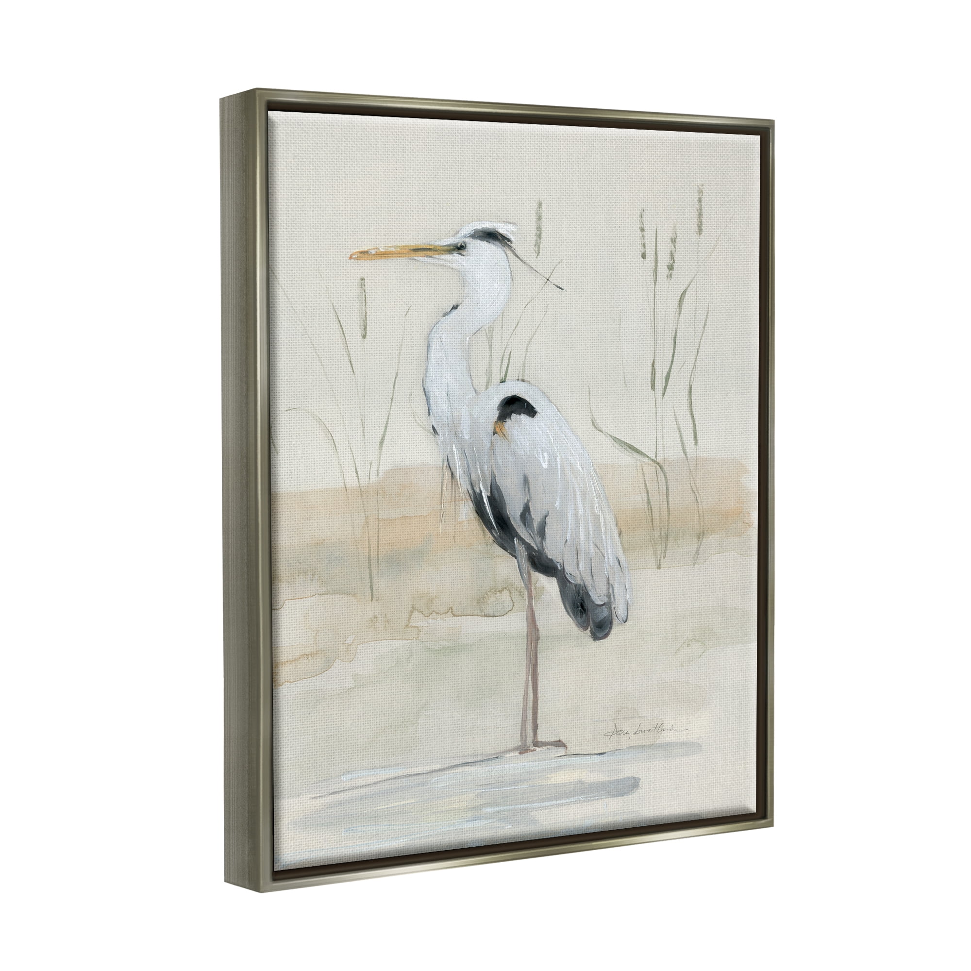 Stupell Industries Heron Bird Riverbank Watercolor Coastal Painting Gray Floater Framed Art Print Wall Art