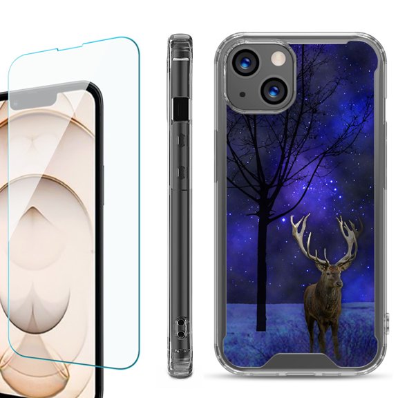 Shockproof Bumper Phone Case for iPhone 13, with Tempered Glass Screen Protector, by OneToughShield ® - Midnight Deer