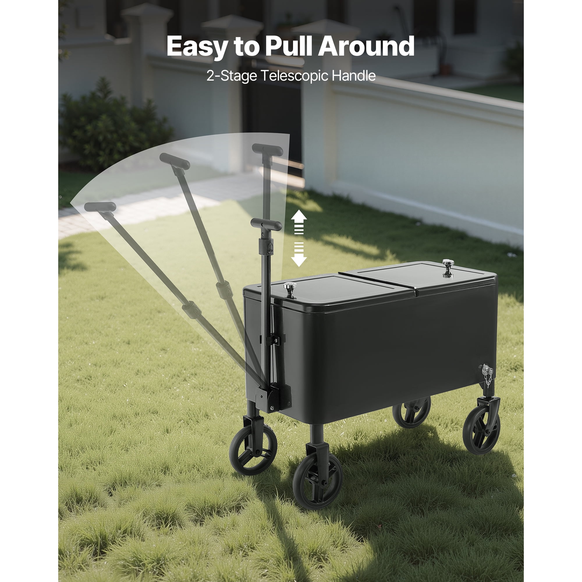 KFFKFF 80 Quart Rolling Ice Chest Cart with Adjustable Pull Handle and Swivel Casters, Portable Beverage Cooler for Outdoor Events, Patio, Beach, or Party Use, Black