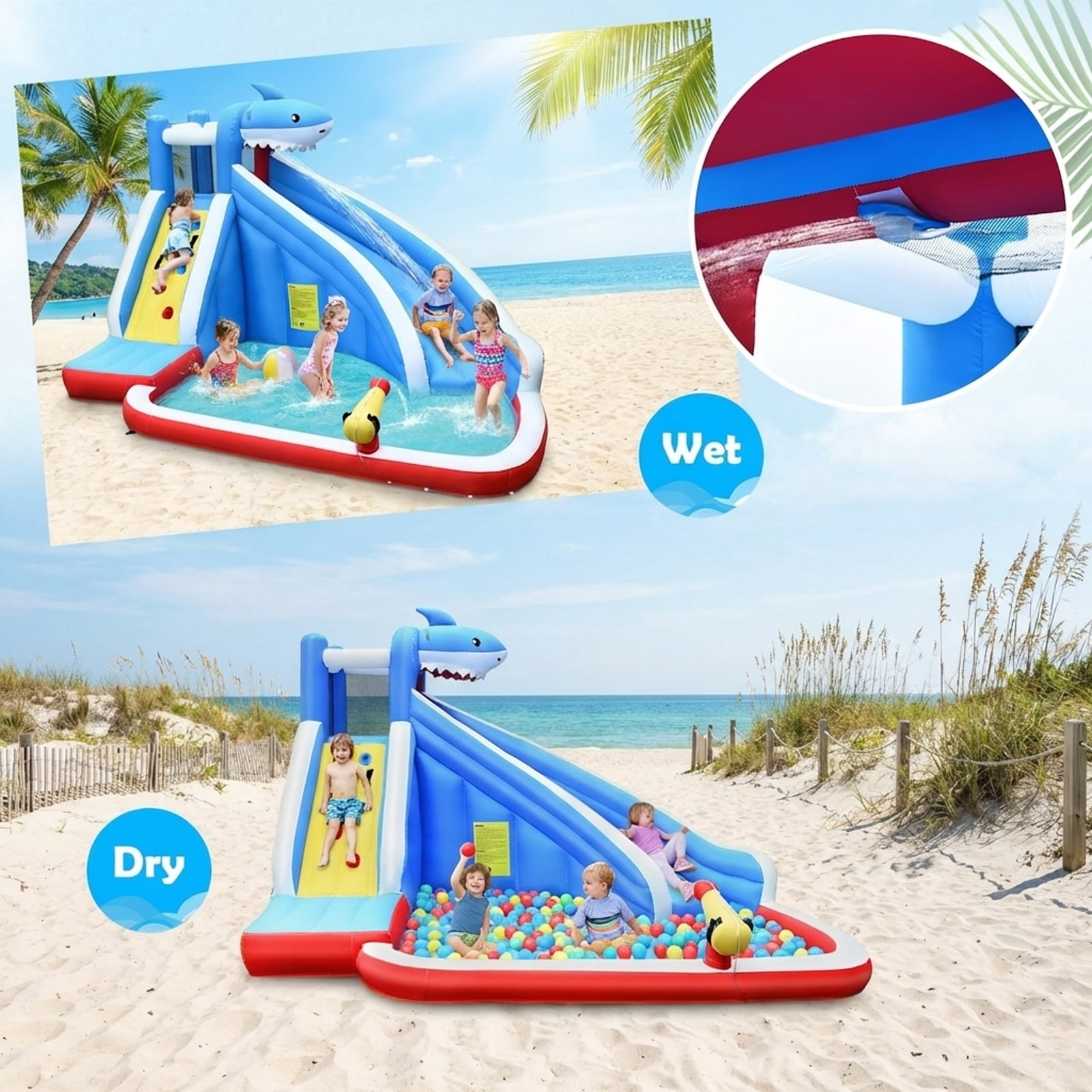 Redsmile Inflatable Shark Bounce House with Water Slide and Climbing Wall without Blower - Multicolor