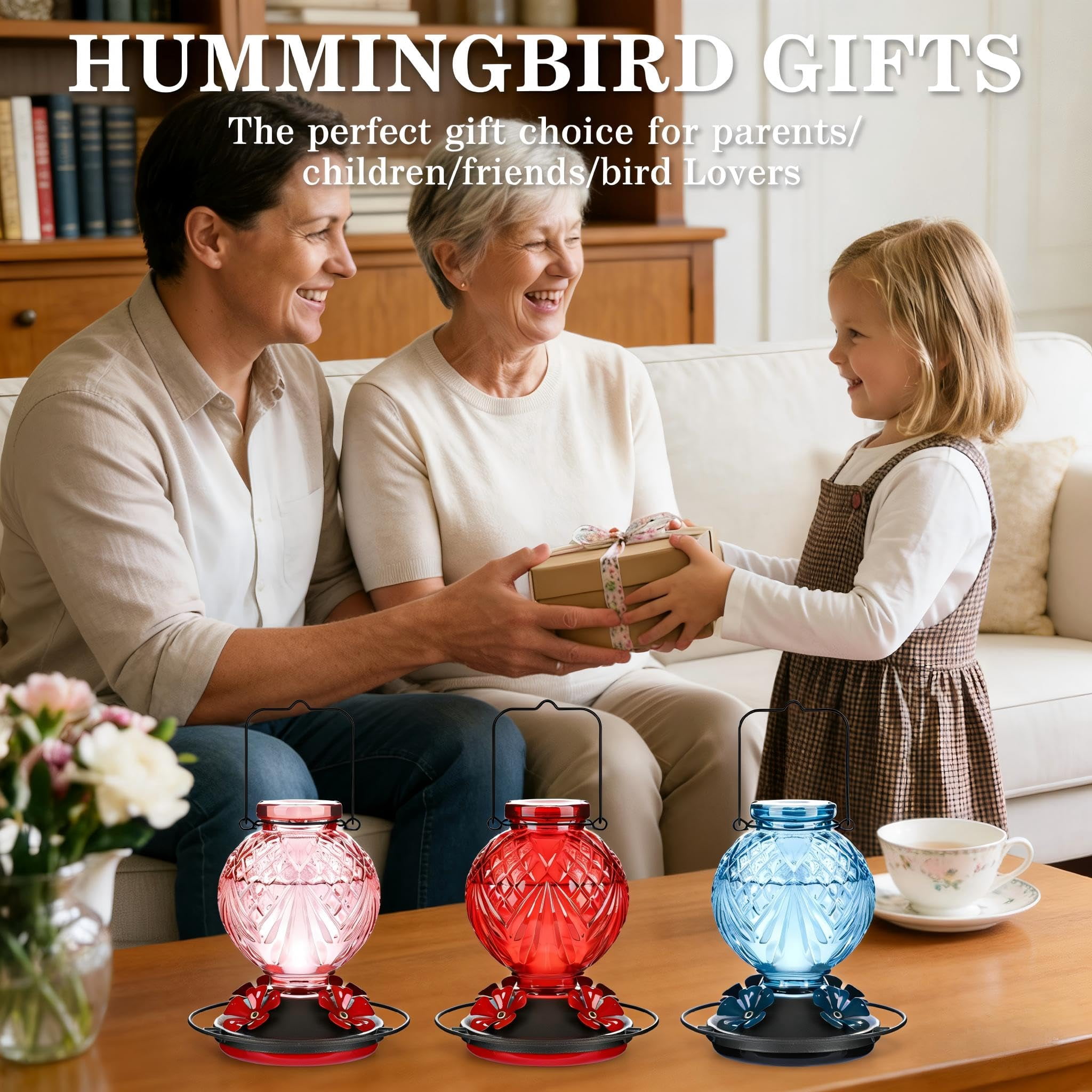 25 OZ Glass Hummingbird Feeder for Outdoors Hanging, Humming Bird Nectar Feeder with Ant Moat, 4 Bee-Proof Feeding Ports, 360° Perch, Leak-Proof, Gifts for Women Mom, Red