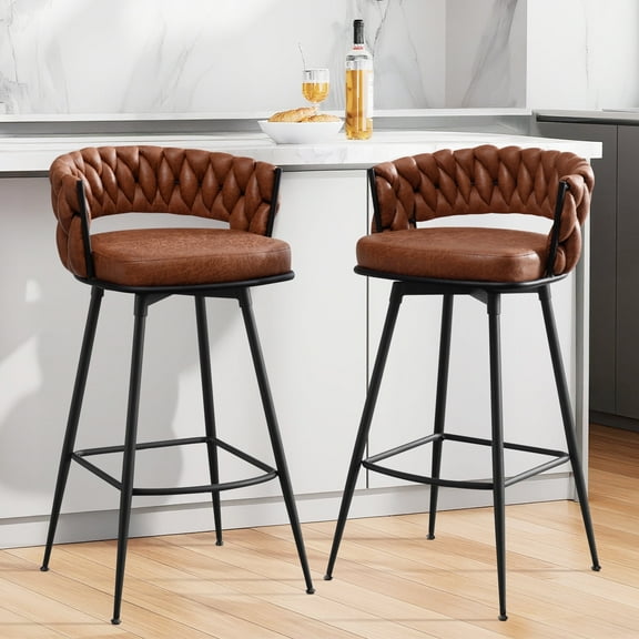MYFUNT Bar Stools Set of 2, 26" Counter Height Stools, 180° Swivel Woven Back Barstools with Metal Footrest, Modern Bar Stools for Kitchen Island, Cafe, Pub, Whiskeybrown