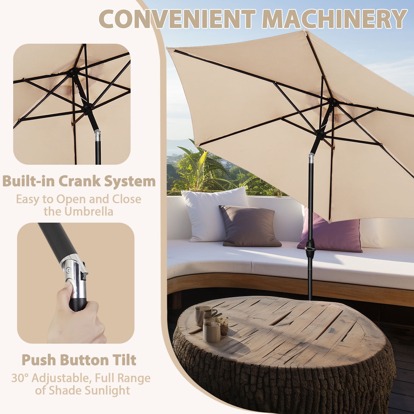 Ainfox 9ft Khaki Patio Umbrella with Push Button Tilt and Crank, Waterproof UV Sunshade Canopy