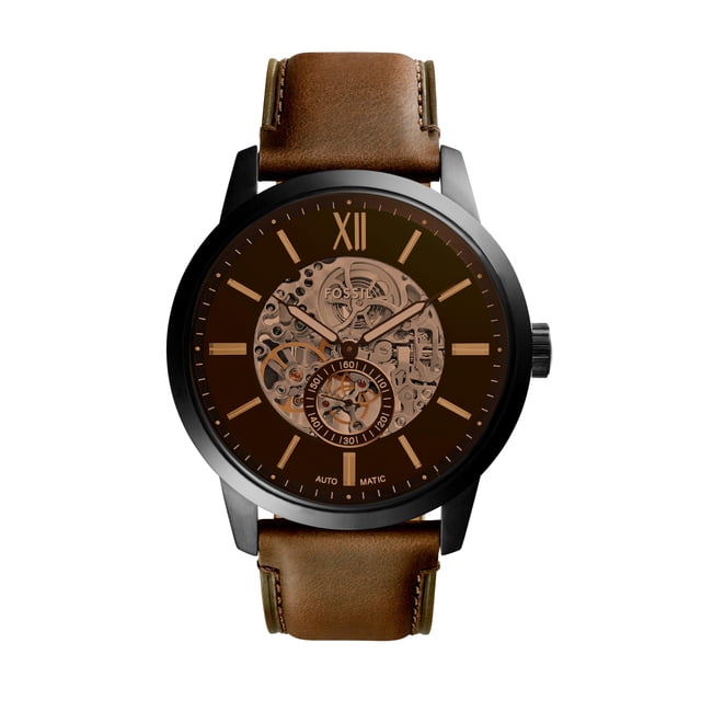 Fossil Townsman Reloj automático de acero inoxidable y cuero con tres manecillas esqueleto para hombre Color: Negro Marrón oscuro (Modelo: ME3155)