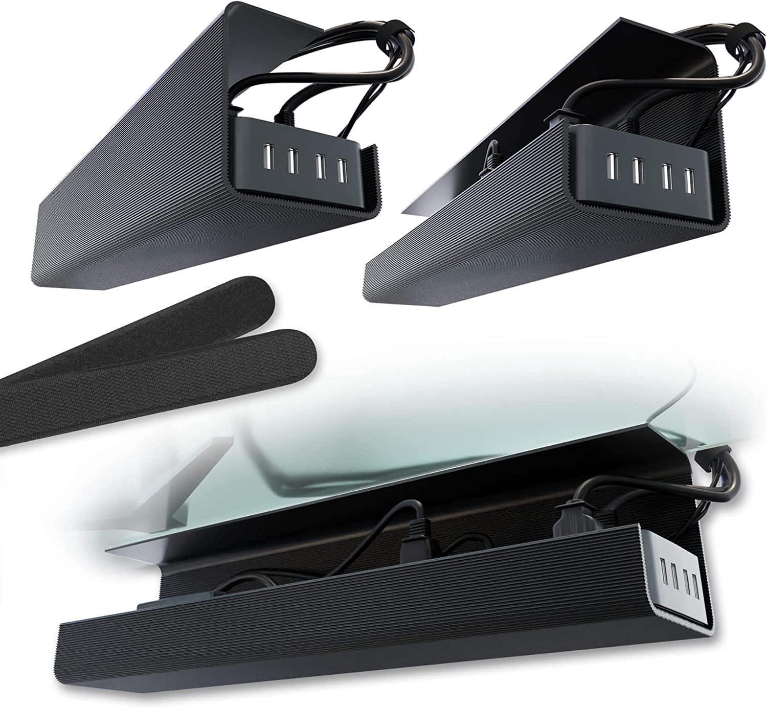 Self-Adhesive Under Desk Cable Management Tray Set - Cord Organizer, No Screws Needed, Black, 2-Pack