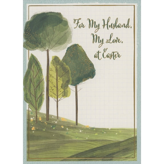 Designer Greetings Four Green Watercolor Trees with Tall Gold Foil Accented Trunks Easter Card for Husband