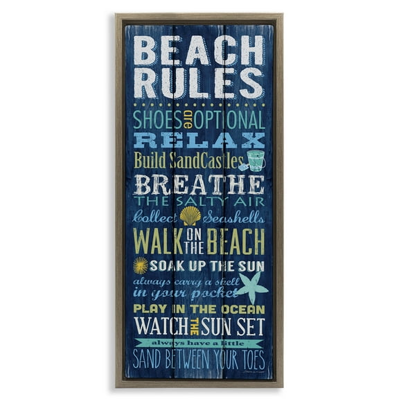 Stupell Industries Blue Planked Beach Rules Sign Nature Painting Brown Floater Framed Canvas Art Print Wall Art, 15 x 31