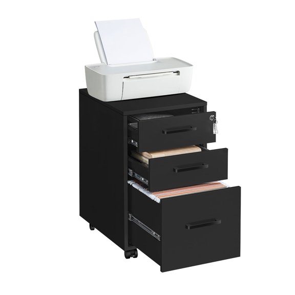 14.4"W x 23.6"H File Cabinet, 3-Drawer Office Filing Cabinet, Pre-Assembled Except Wheels and Handles, Black