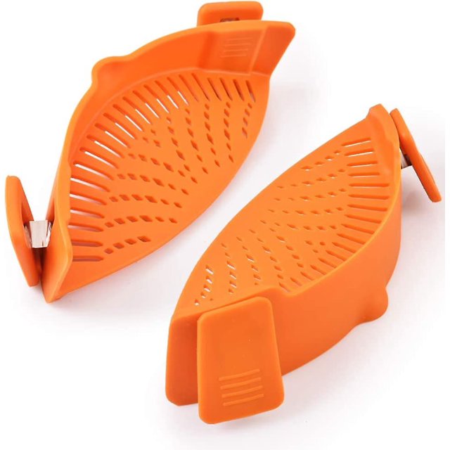 Paquete de 2 coladores de pasta de silicona con clip, compatibles con sartenes de tamaño universal, material de calidad alimentaria, resistente al calor, color naranja