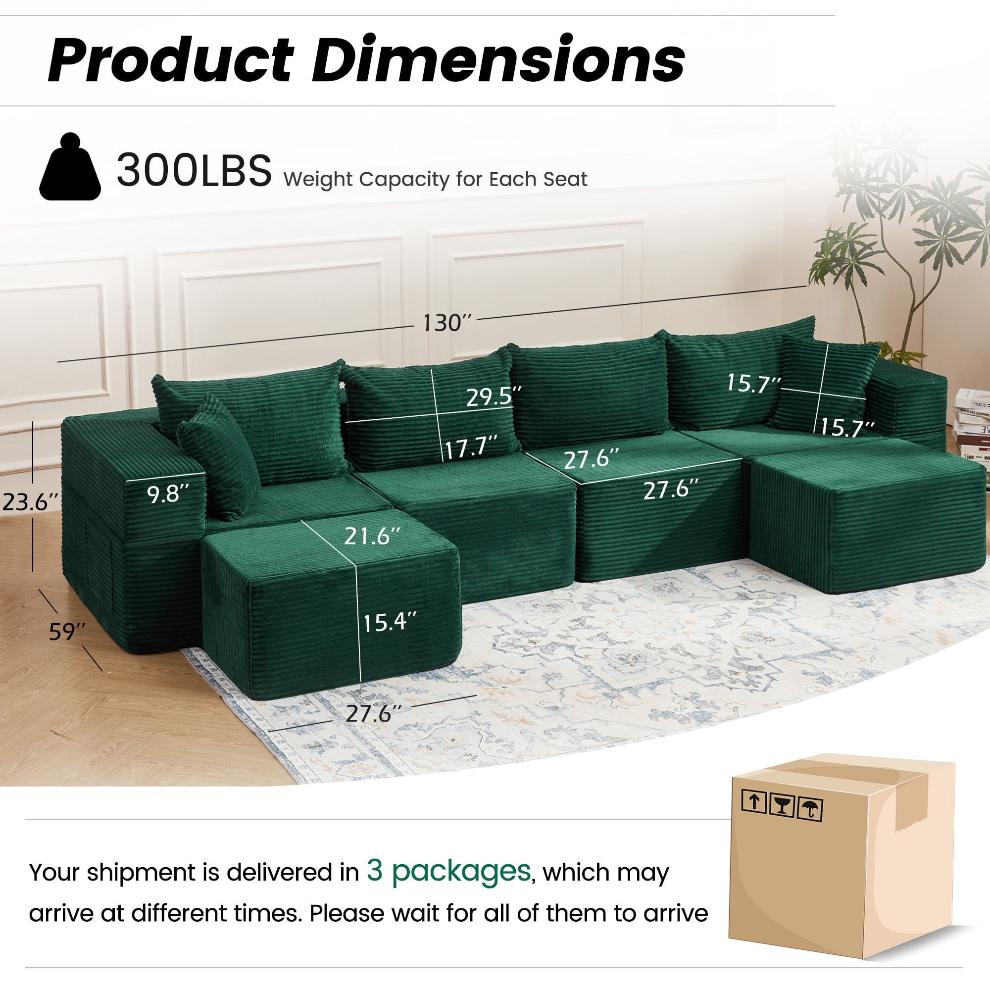 Vicluke 131" Cloud Couch Sectional, U Shaped Modern Sofa with 2 Ottomans, Comfy Corduroy Fabric Modular Sectional Sofa in a Box, Boneless Couches for Living Room, No Assembly Required (Green)