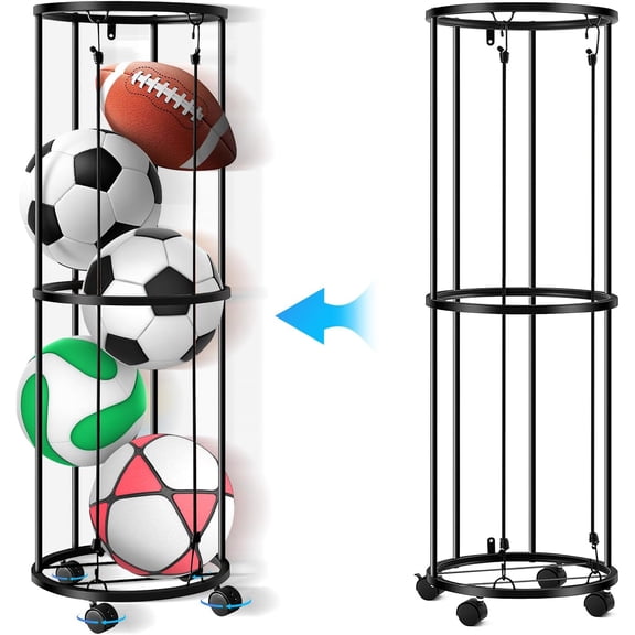 Columnar Vertical Ball Storage Racks with Wheels-New Durable Rolling Basketball Holder Wall Mount for Soccer, Volleyball, Space-Saving Garage Sports Ball Rack Organizer for Home,Gym & Outdoors