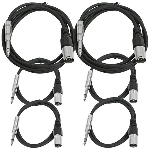 Seismic Audio 6 Pk of Black XLR Male to 1/4" TRS Patch Cables - Two 6 ft Two 3 Ft, Two 2 ft Black - SATRXL-M6C-Black