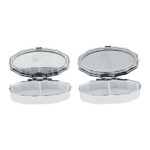 Juego de 2 pastilleros de metal plateado, pequeños, redondos, pastillero, caja para tabletas 02